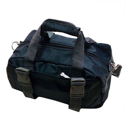 Black duffel bag with straps on a white background