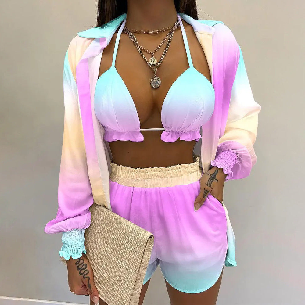 Women's Printed Three-Piece Bikini Set | Long Sleeve Cover-Up Swimsuit
