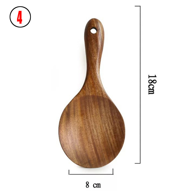 A set of wooden kitchen utensils including a ladle, spoon, turner, and colander, displayed in a clear container on a kitchen counter.