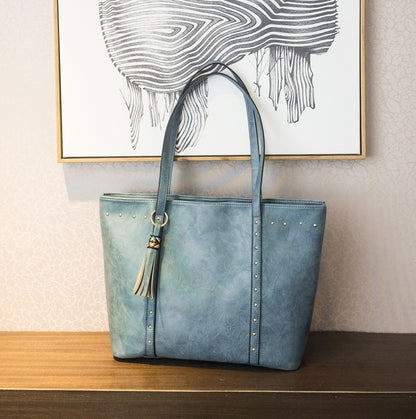 Women's Studded Tote Shoulder Bag – Vegan-Friendly Imitation Leather Tassel Handbag