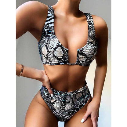Women's Snake Print U-Neck Split Swimsuit | One-Piece Bikini