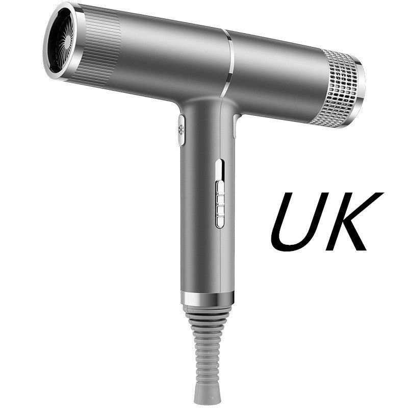 Silver hair dryer on a white background with 'UK' text.