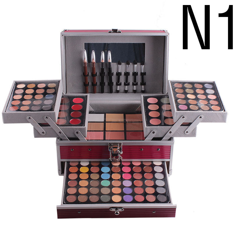 Makeup kit with various compartments on a white background
