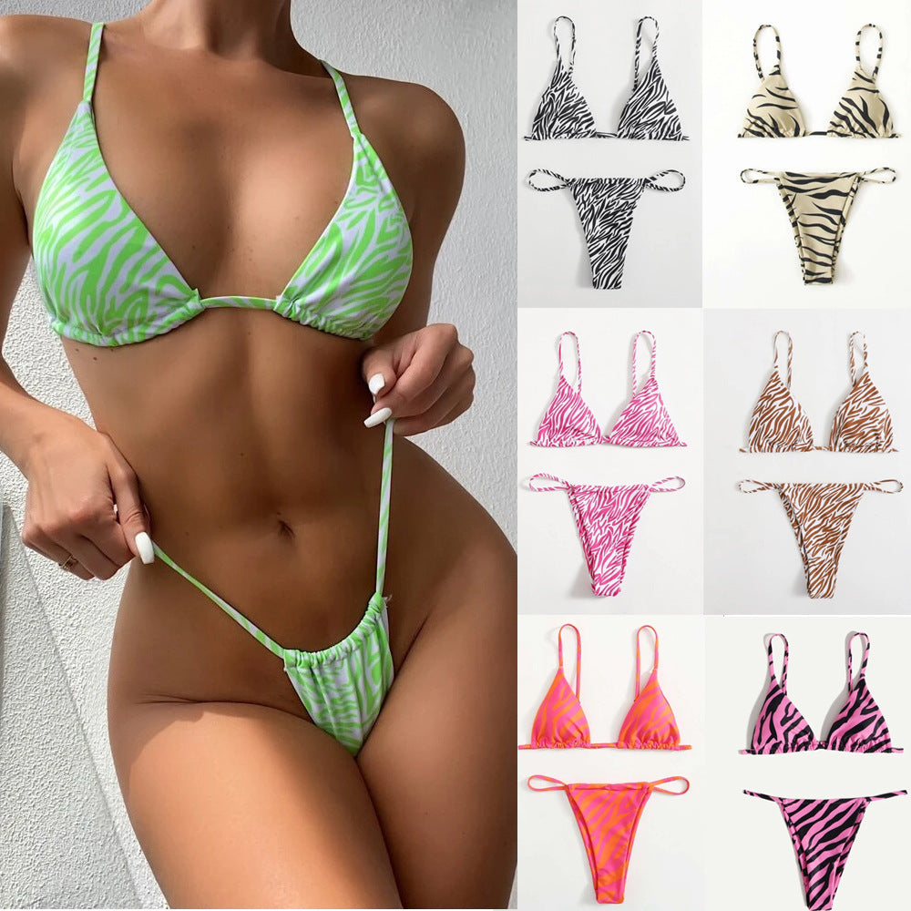 A collage of women's two-piece swimsuits in various colors and patterns, including beige, pink, red, black, purple, green, and coffee.