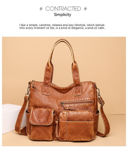 Women's Retro Washed Tote Bag – Soft Vegan-Friendly Imitation Leather Multi-Pocket Shoulder Handbag