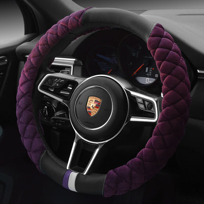 A red plush steering wheel cover with a black interior ring, designed for a vehicle's steering wheel.
