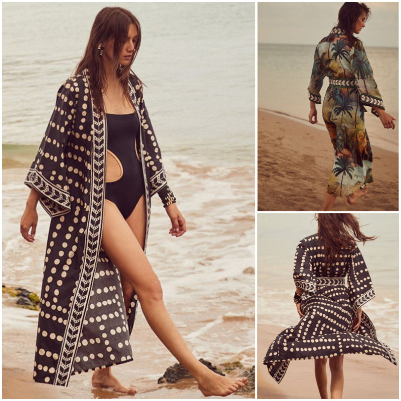 A collage of three images showing a long sleeve beach cover-up with geometric printing, being worn by a person standing on a beach.