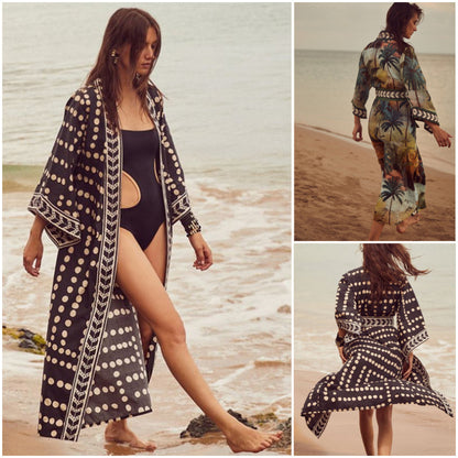 A collage of three images showing a long sleeve beach cover-up with geometric printing, being worn by a person standing on a beach.