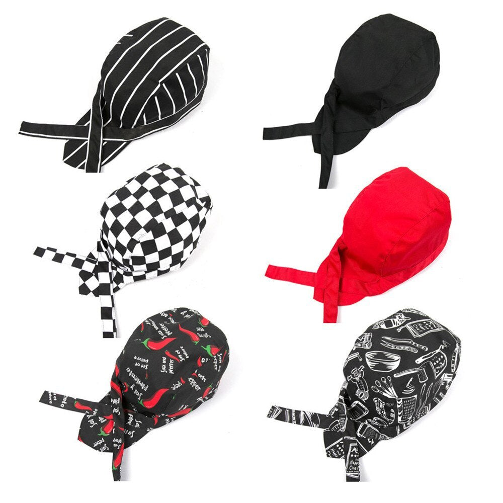 A collection of six chef hats in various patterns including solid color and geometric designs, suitable for adults.