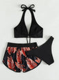 Women's 3-Piece Bikini Set with Shorts – Printed Summer Beach Swimsuit