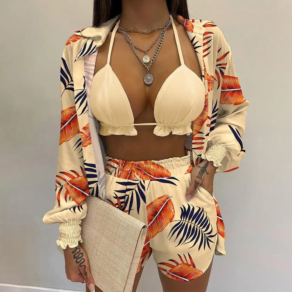Women's Printed Three-Piece Bikini Set | Long Sleeve Cover-Up Swimsuit