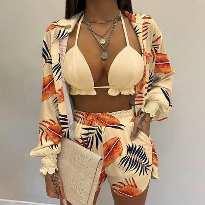 Women's Printed Three-Piece Bikini Set | Long Sleeve Cover-Up Swimsuit