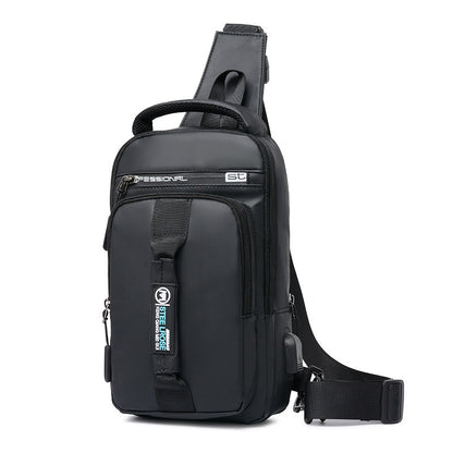 Men's black outdoor diagonal chest bag with a zipper closure and an adjustable strap.