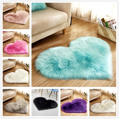 A collection of heart-shaped plush carpets in various solid colors displayed in different settings, primarily in living room environments.