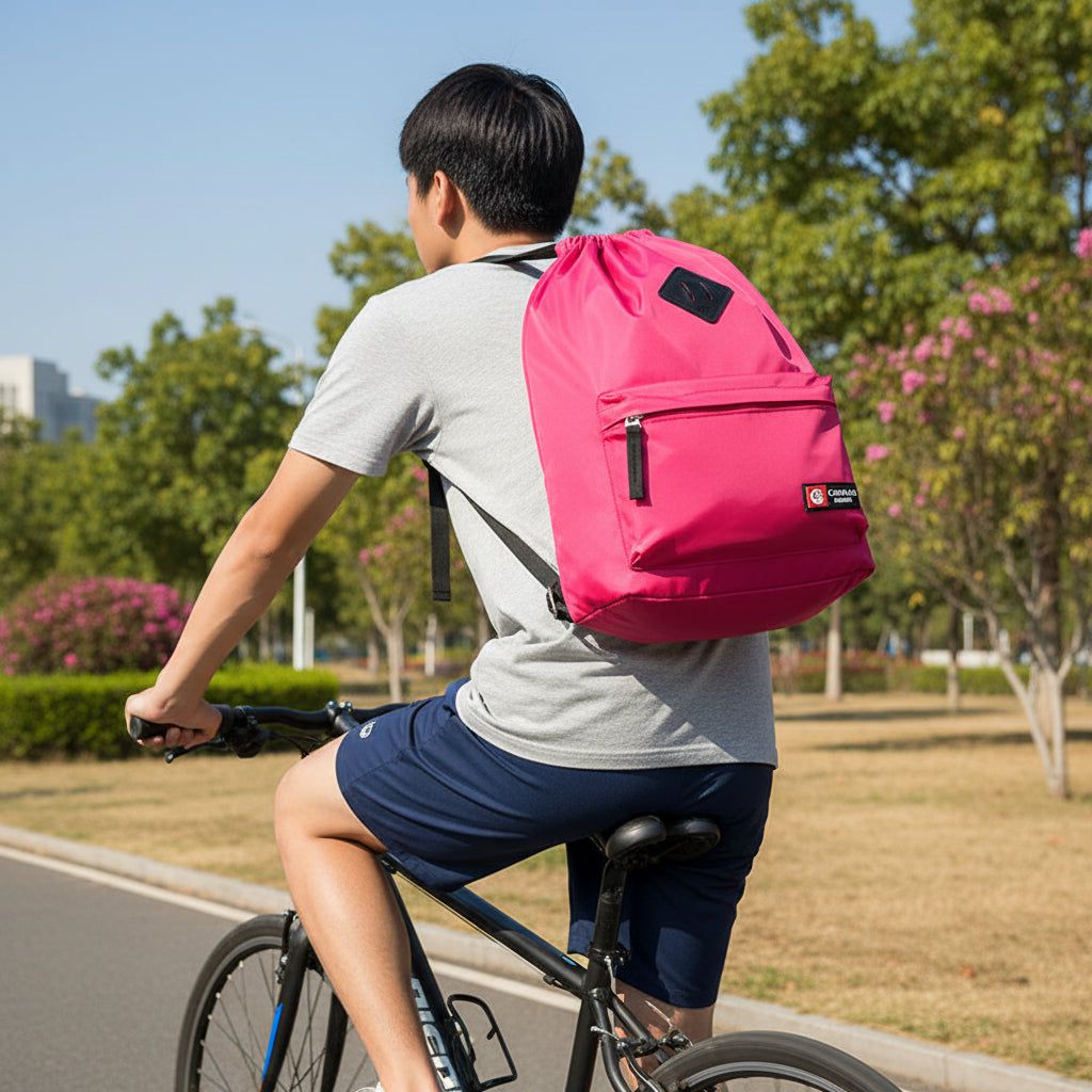 A pink nylon drawstring backpack with a front pocket and a brand logo on the lower right side.