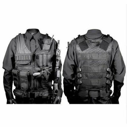 Front and back view of a black tactical vest equipped with various pockets and straps, wearing over a shirt.