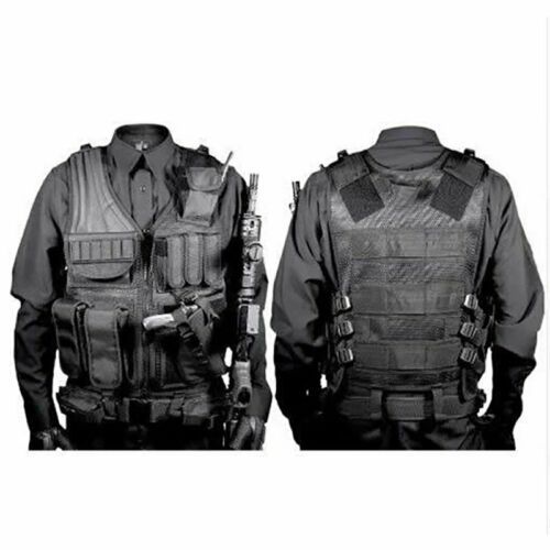 Front and back view of a black tactical vest equipped with various pockets and straps, wearing over a shirt.
