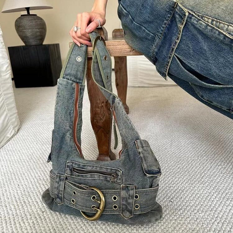 Women's Vintage Washed Denim Shoulder Bag – Large Retro Tote Purse