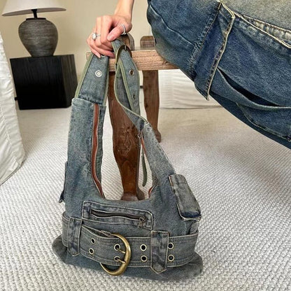 Women's Vintage Washed Denim Shoulder Bag – Large Retro Tote Purse