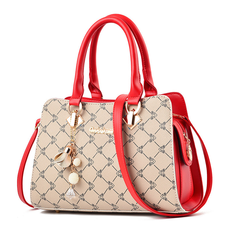 Women's Printed Satchel Handbag – Vegan-Friendly Imitation Leather Shoulder Bag with Contrast Trim & Charm