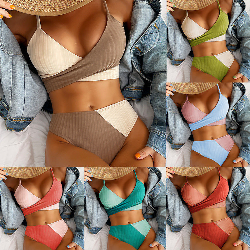 A collection of bikini swimwear in various colors, featuring a ribbed texture and a high-cut design.