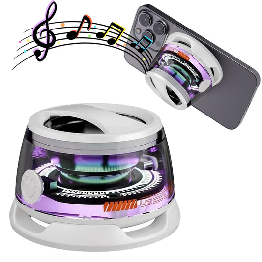 A portable Bluetooth speaker with RGB lighting, displayed in a transparent case, showing internal components and a magnetic phone holder.