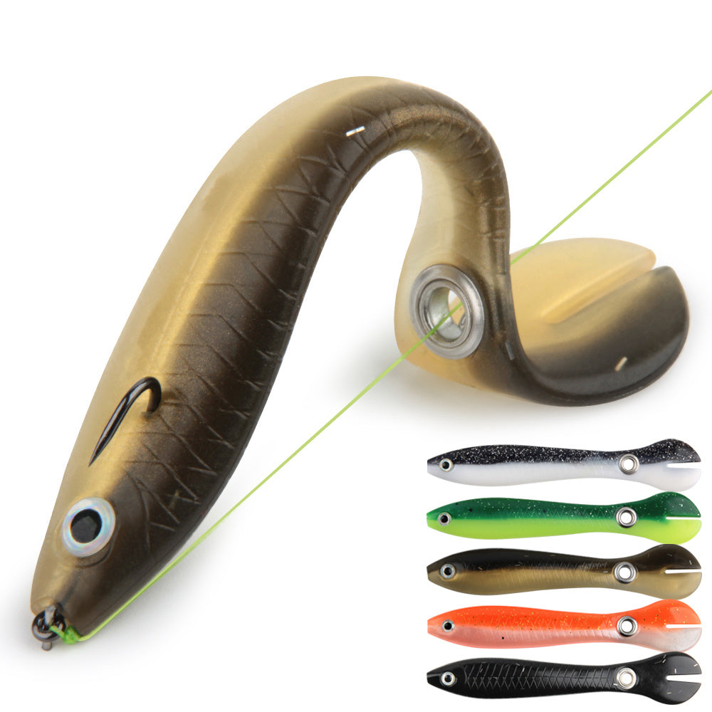 A collection of soft plastic fishing lures in various colors designed to mimic the swimming action of small fish, including colors such as black back, orange back, green back, loach color, and transparent black.