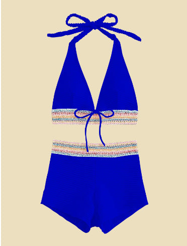 Blue halter-neck swimsuit with multicolored trim on a beige background.