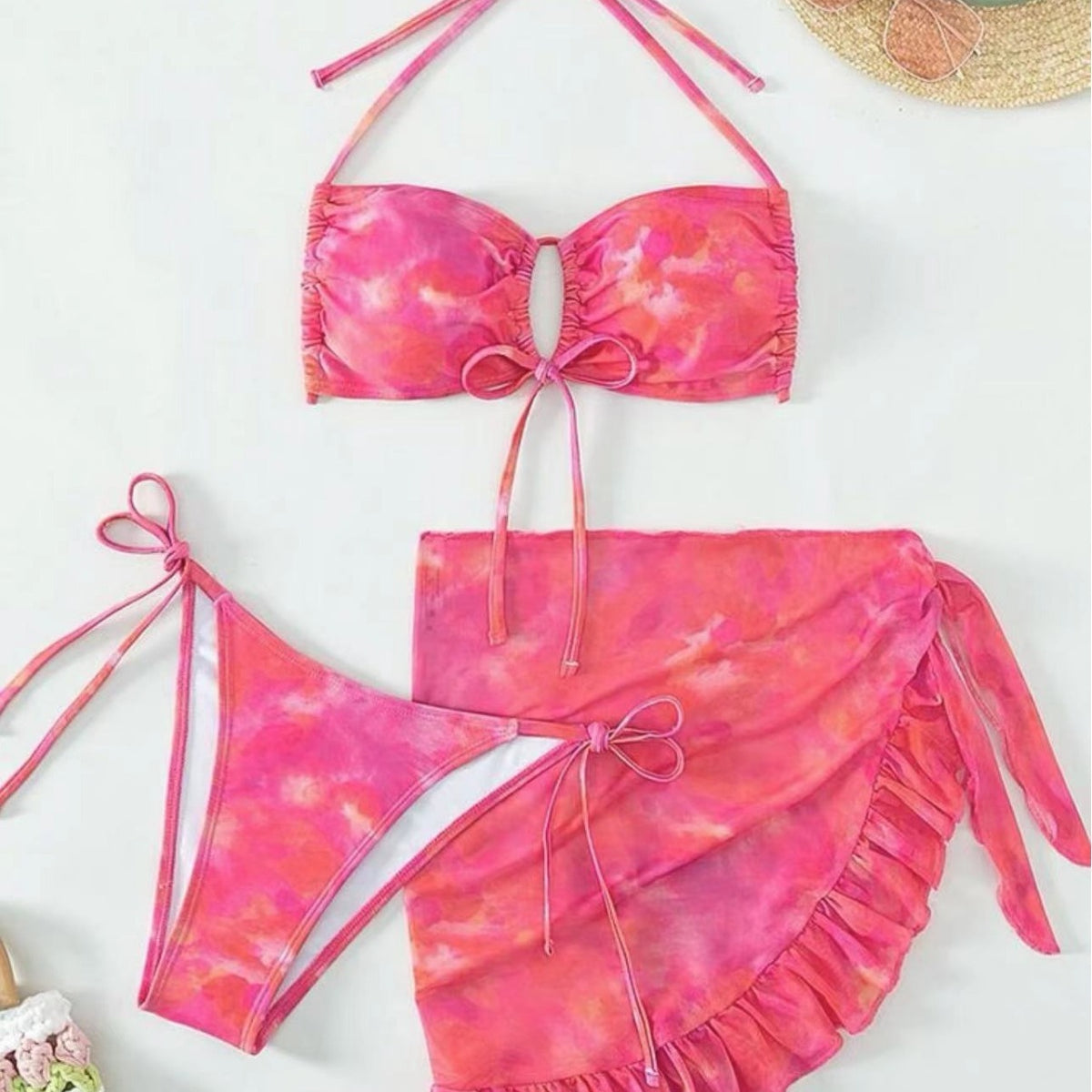 3-Piece Floral Halter Bikini Set with Gauze Cover-Up Skirt, S–L