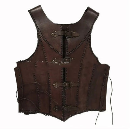 A dark brown handmade armor belt buckle vest with metal buckles and decorative stitching, designed for a medieval or fantasy costume.