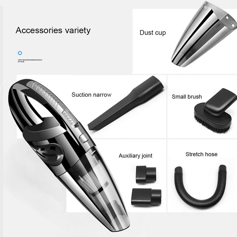 Vacuum cleaner accessories including dust cup, suction narrow, small brush, auxiliary joint, and stretch hose on a white background.