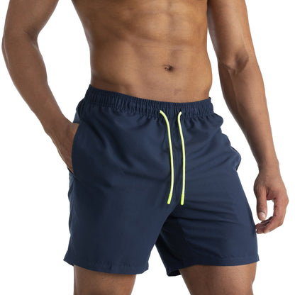 A pair of men's beach shorts in navy blue with a yellow drawstring.