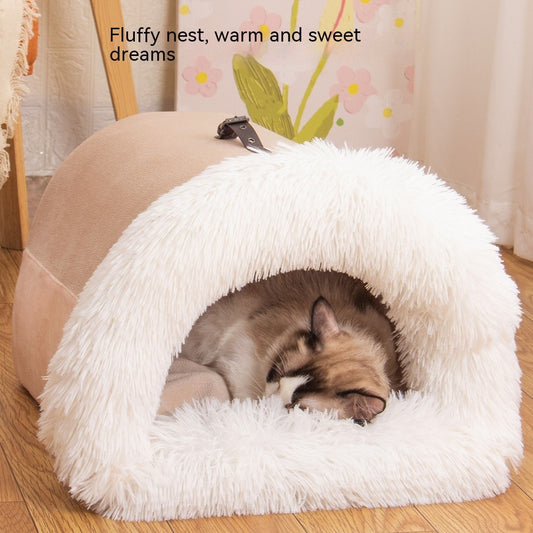 A pet (cat) resting inside a beige and white fluffy pet nest.
