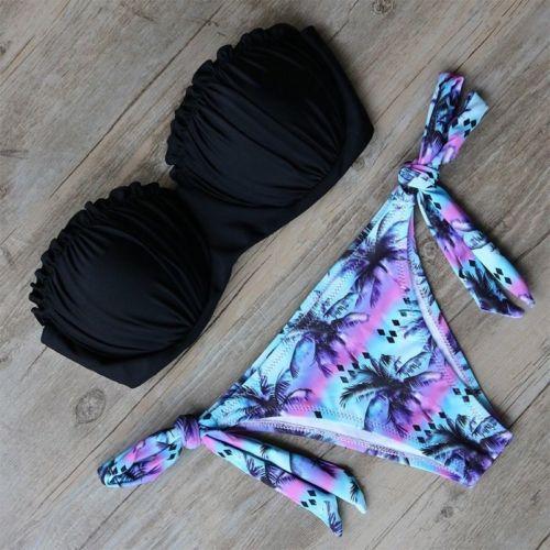Women's Ruffle Bandeau Bikini Set | Tropical Print Tie-Side Bottom | Black & Purple