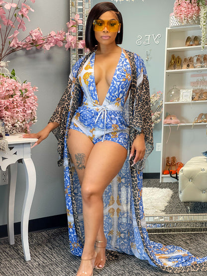 Women's Three-Piece Bikini Set with Chiffon Shawl | Long Sleeve Cover-Up & Shorts