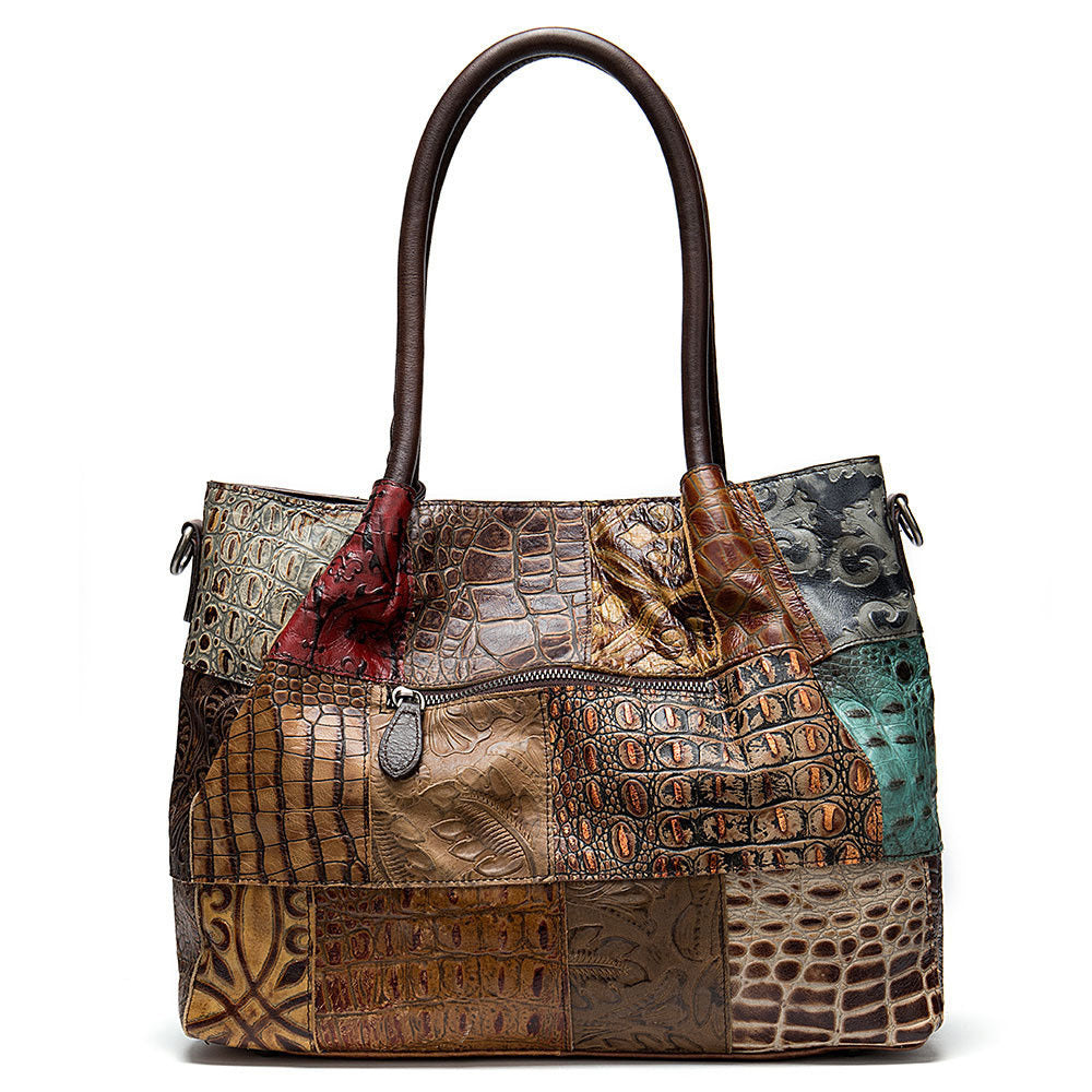 Women's Genuine Leather Patchwork Tote Bag – Colorful Embossed Shoulder Handbag