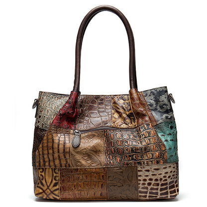 Women's Genuine Leather Patchwork Tote Bag – Colorful Embossed Shoulder Handbag