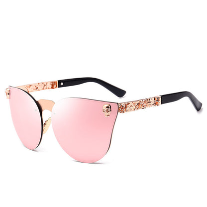 Skull Detail Cat-Eye Sunglasses – Mirrored Lens Metal Frame