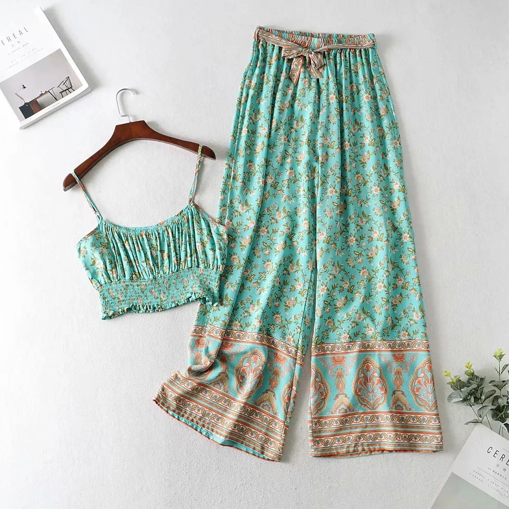 Boho Vintage Print Vest & Wide-Leg Pants Set – Green