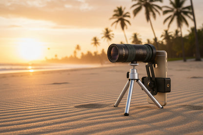 A monocular with a zoom lens attached to a smartphone, mounted on a mini tripod.