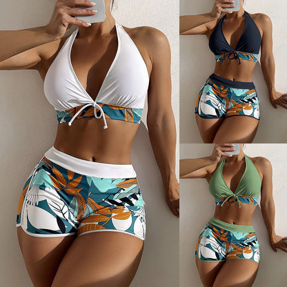 Women's High-Waist Solid Color Bikini Set | Tie-Front Split Swimsuit