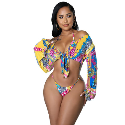 Women's Print Lace-Up Three-Piece Bikini Set | Long Sleeve Cover-Up