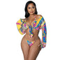 Women's Print Lace-Up Three-Piece Bikini Set | Long Sleeve Cover-Up
