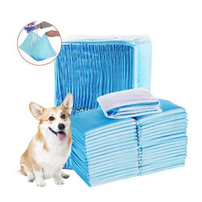 A stack of blue puppy pads with a corgi dog sitting in front of them, indicating the product is for pet training.