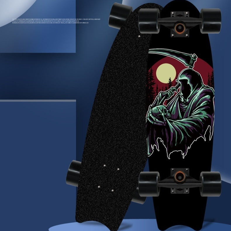 A skateboard with a graphic of a character holding a sword in a dark setting, possibly representing a moonlit scene.
