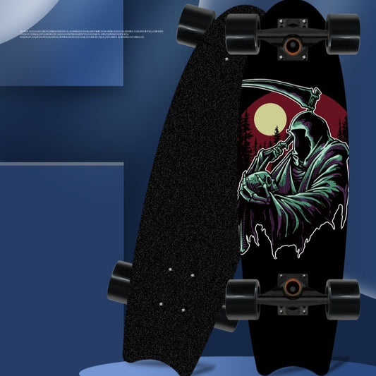 A skateboard with a graphic of a character holding a sword in a dark setting, possibly representing a moonlit scene.