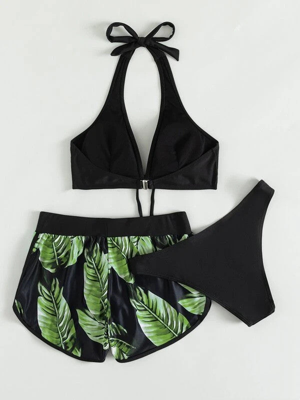 Women's 3-Piece Bikini Set with Shorts – Printed Summer Beach Swimsuit