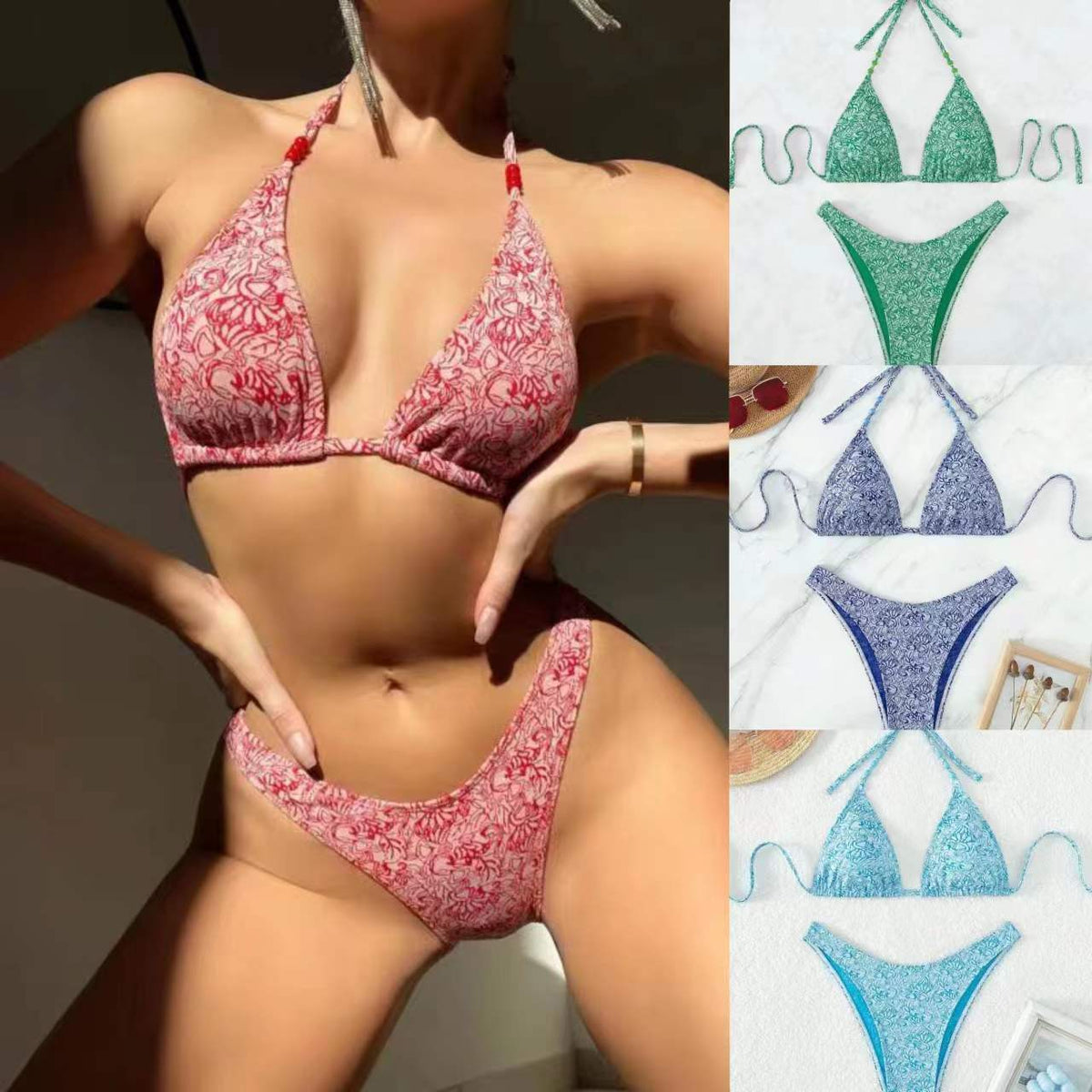 A collage of bikini sets in various colors and patterns, with the main image showing a red floral patterned bikini.