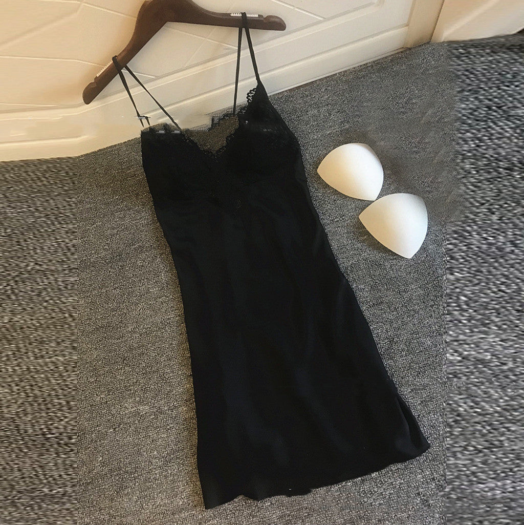 Satin Sling Slip Dress Pajamas with Built-In Chest Pad | Sexy Lingerie Nightgown