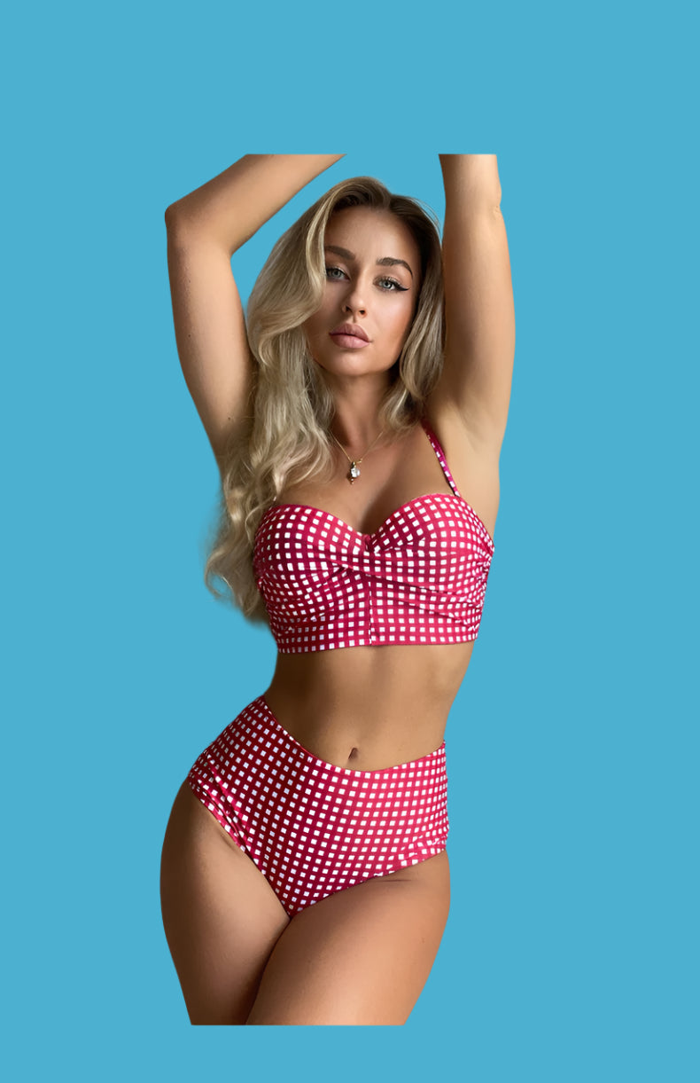 Women's Plaid High-Waist Bikini Set – Two-Piece Swimsuit with Underwire Top & Swim Briefs